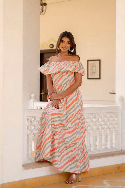 Women Off-White Lehariya Printed Flared Dress | LASVINI - Redefining Indian Fashion with Elegance