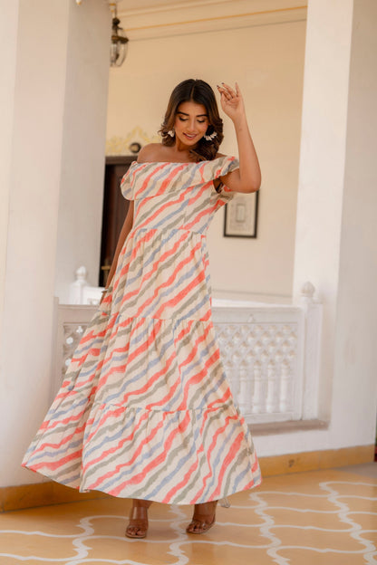 Women Off-White Lehariya Printed Flared Dress | LASVINI - Redefining Indian Fashion with Elegance