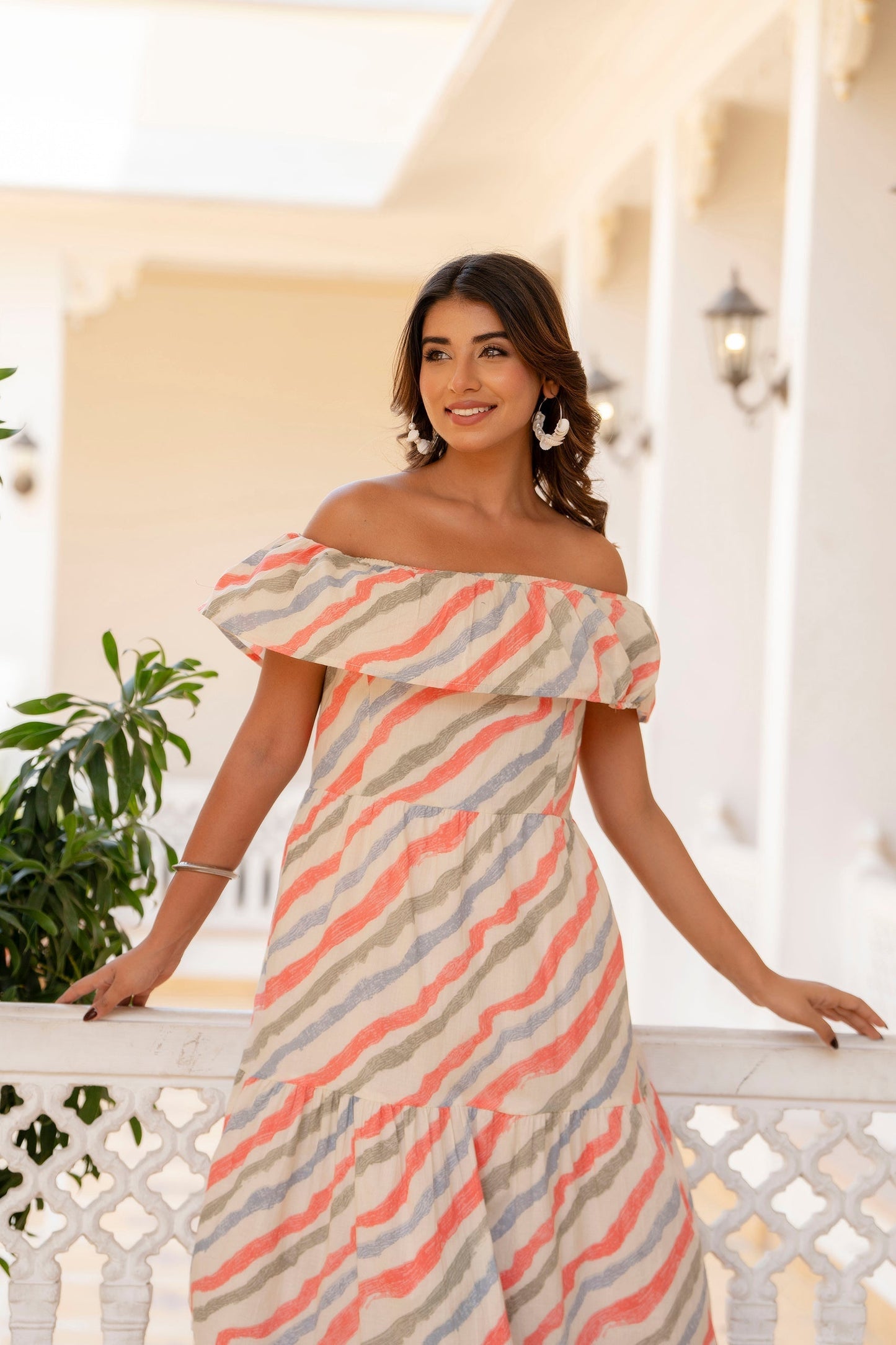 Women Off-White Lehariya Printed Flared Dress | LASVINI - Redefining Indian Fashion with Elegance
