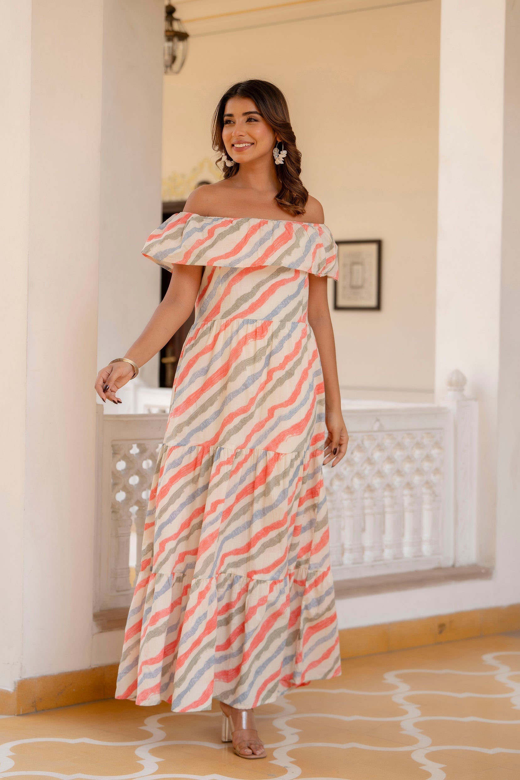 Women Off-White Lehariya Printed Flared Dress | LASVINI - Redefining Indian Fashion with Elegance