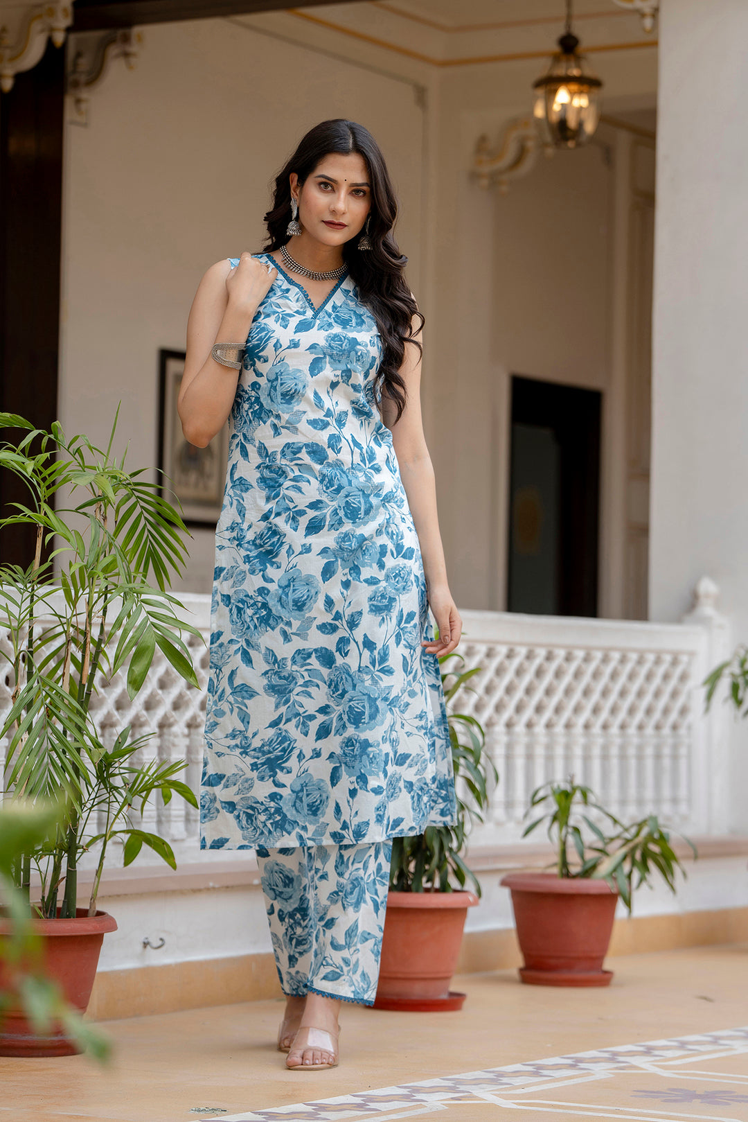 Women Sky Blue Printed Straight Kurta With Trouser | LASVINI - Redefining Indian Fashion with Elegance