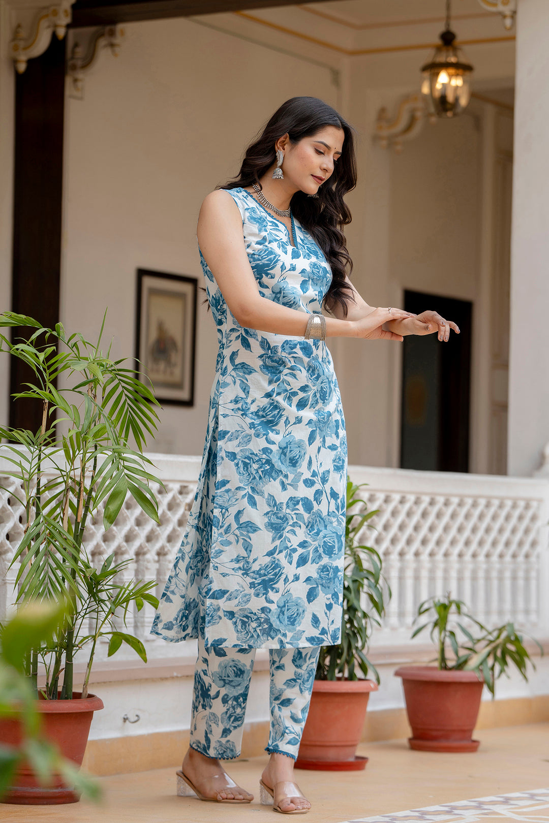 Women Sky Blue Printed Straight Kurta With Trouser | LASVINI - Redefining Indian Fashion with Elegance
