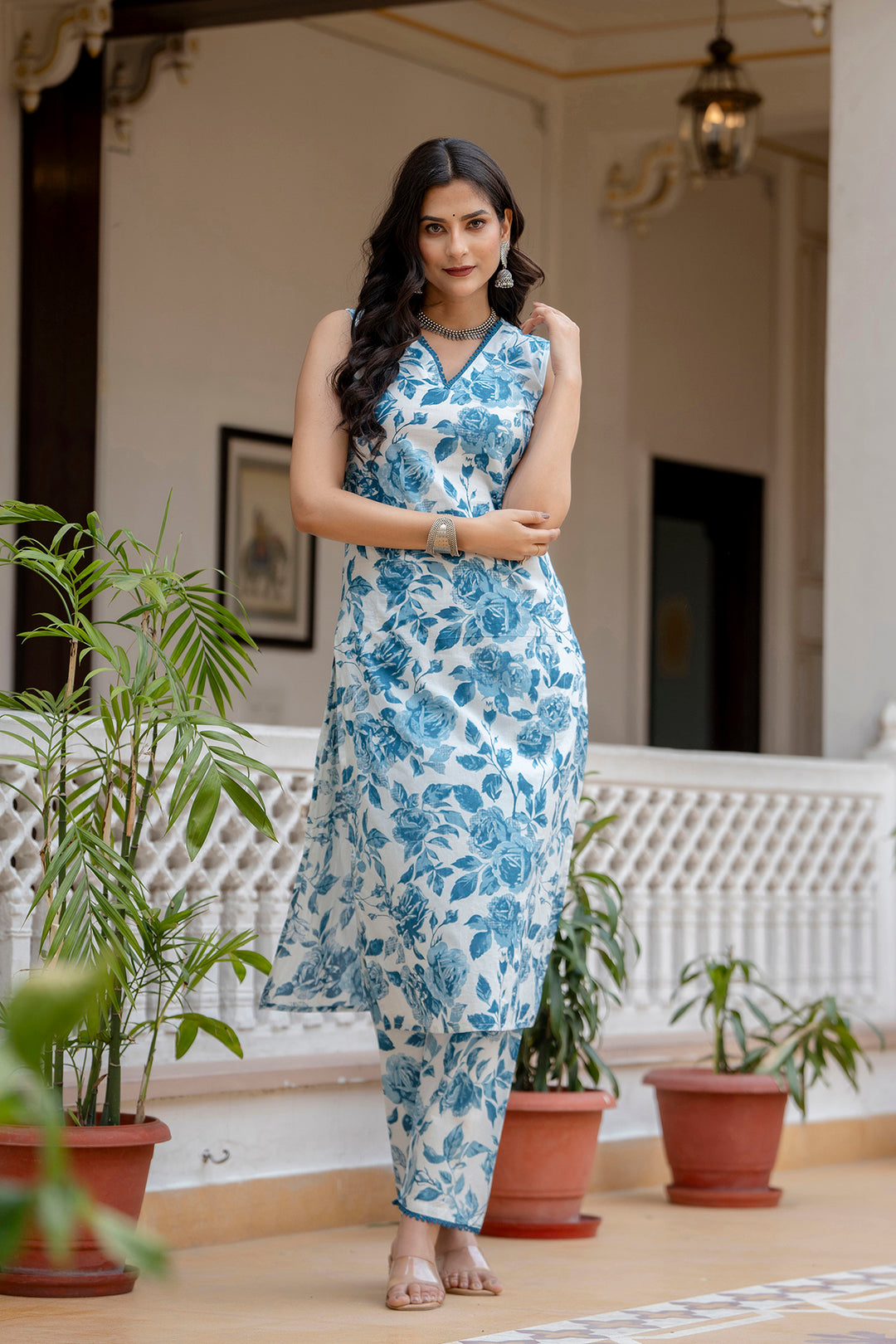 Women Sky Blue Printed Straight Kurta With Trouser | LASVINI - Redefining Indian Fashion with Elegance