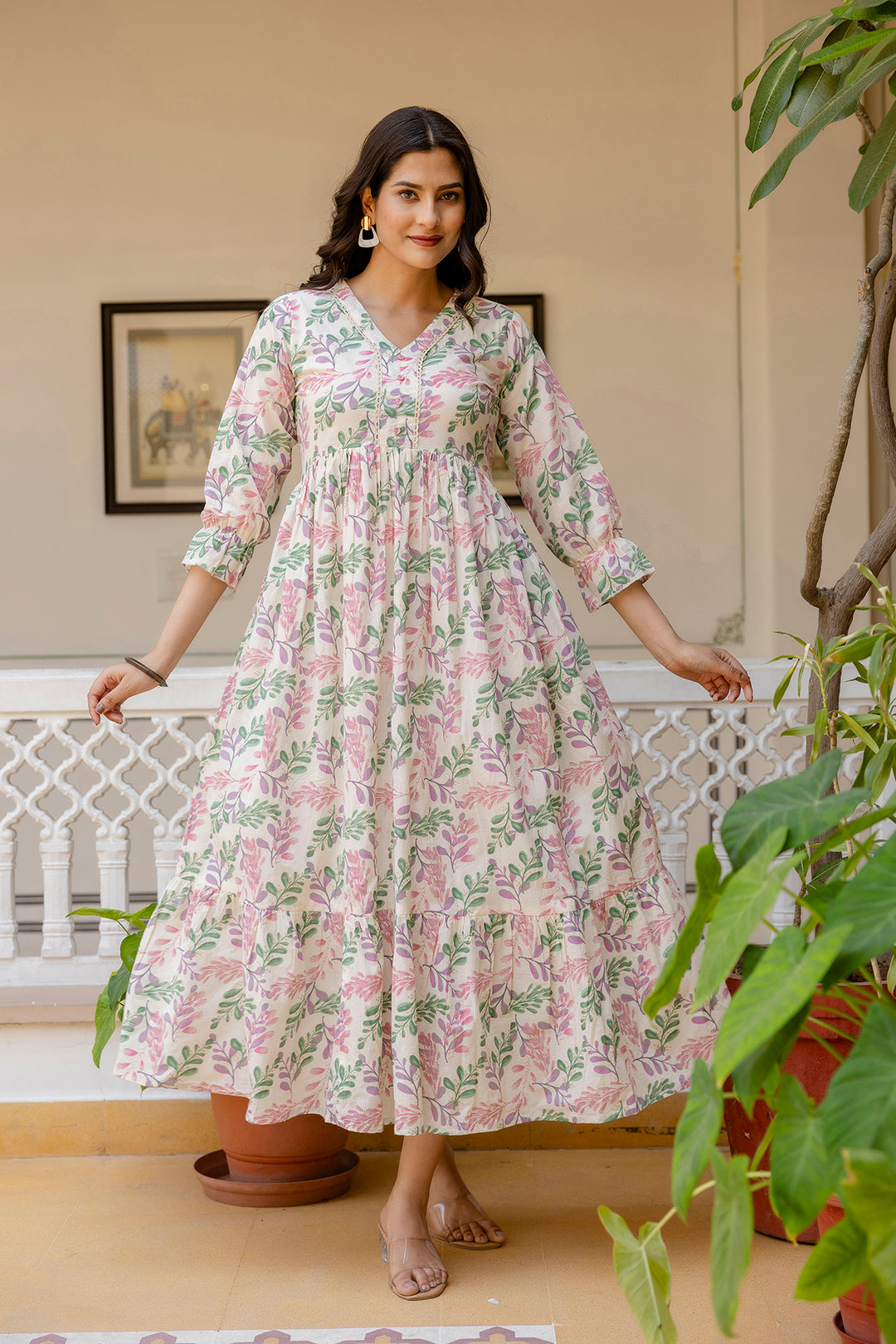 Women Off-White Floral Printed Flared Dress With Three Quarter Sleeves | LASVINI - Redefining Indian Fashion with Elegance