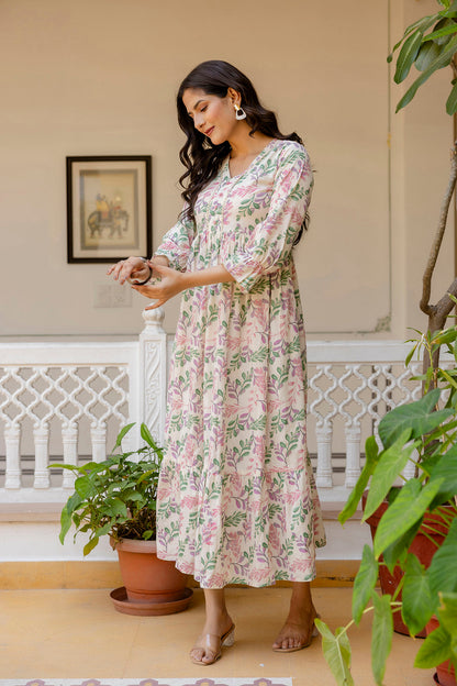 Women Off-White Floral Printed Flared Dress With Three Quarter Sleeves | LASVINI - Redefining Indian Fashion with Elegance