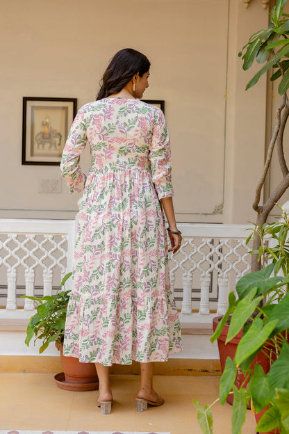 Women Off-White Floral Printed Flared Dress With Three Quarter Sleeves | LASVINI - Redefining Indian Fashion with Elegance