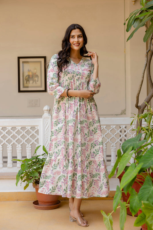 Women Off-White Floral Printed Flared Dress With Three Quarter Sleeves | LASVINI - Redefining Indian Fashion with Elegance