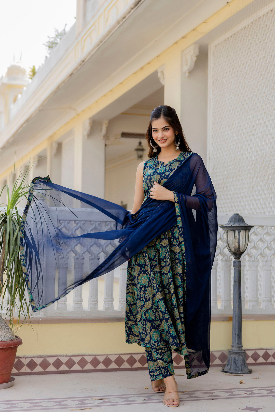 Women Blue Floral Printed Anarkali Kurta With Trouser And Dupatta | LASVINI - Redefining Indian Fashion with Elegance