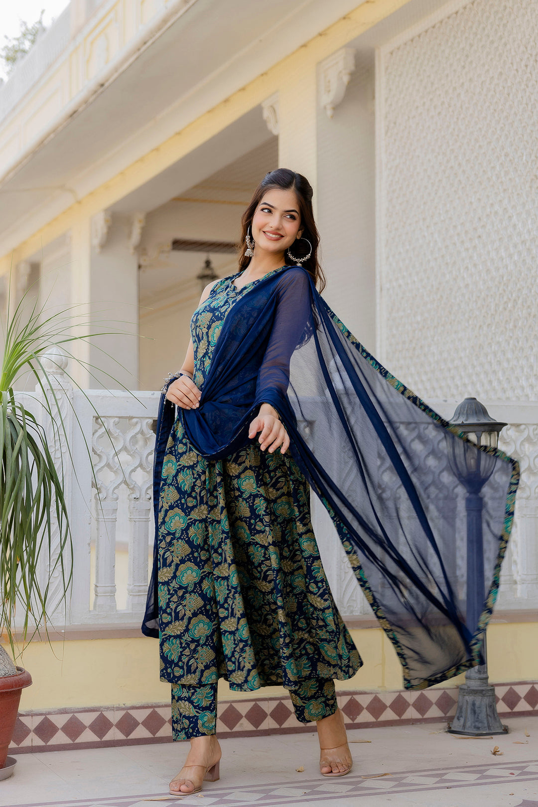 Women Blue Floral Printed Anarkali Kurta With Trouser And Dupatta | LASVINI - Redefining Indian Fashion with Elegance