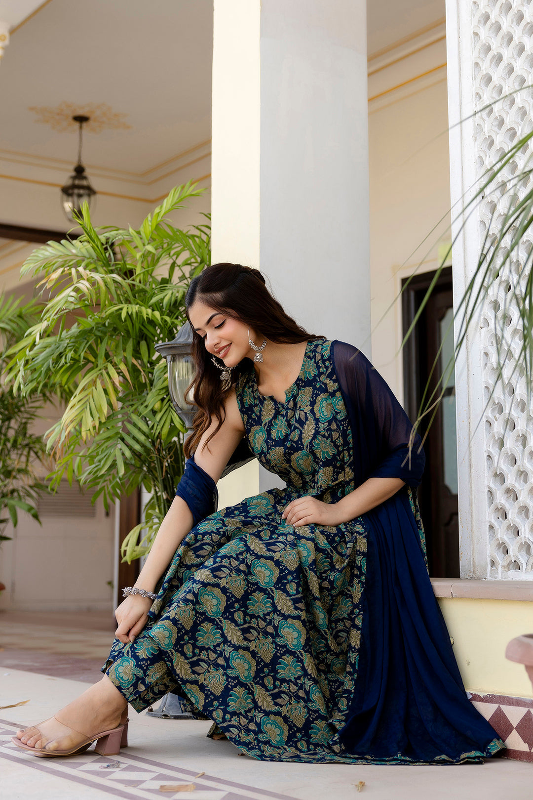 Women Blue Floral Printed Anarkali Kurta With Trouser And Dupatta | LASVINI - Redefining Indian Fashion with Elegance