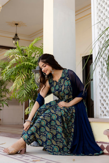 Women Blue Floral Printed Anarkali Kurta With Trouser And Dupatta | LASVINI - Redefining Indian Fashion with Elegance