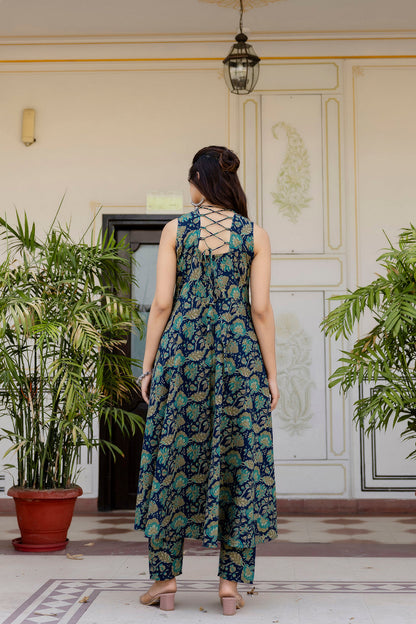 Women Blue Floral Printed Anarkali Kurta With Trouser And Dupatta | LASVINI - Redefining Indian Fashion with Elegance