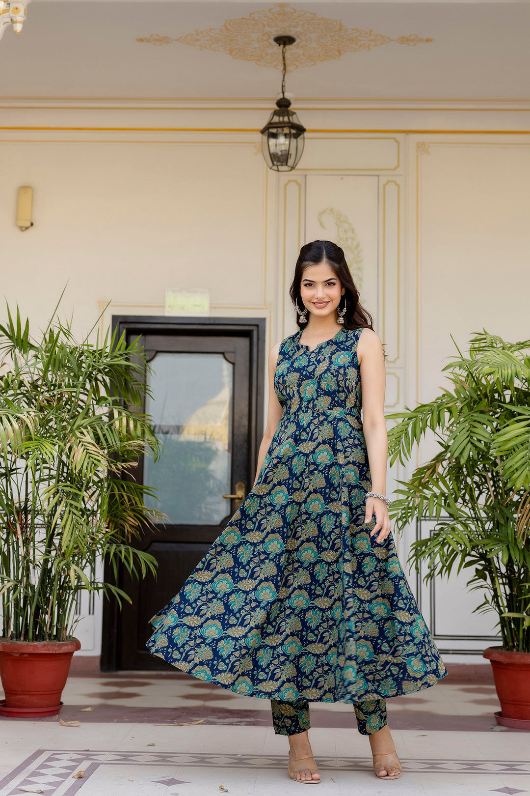 Women Blue Floral Printed Anarkali Kurta With Trouser And Dupatta | LASVINI - Redefining Indian Fashion with Elegance