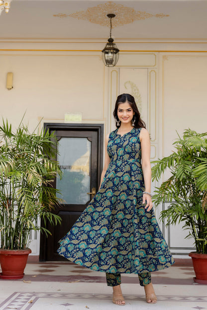 Women Blue Floral Printed Anarkali Kurta With Trouser And Dupatta | LASVINI - Redefining Indian Fashion with Elegance
