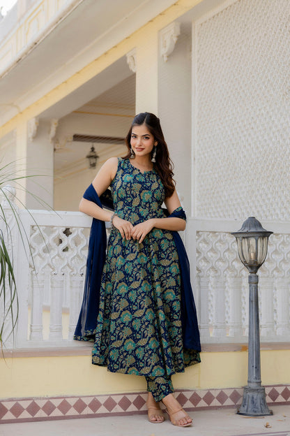 Women Blue Floral Printed Anarkali Kurta With Trouser And Dupatta | LASVINI - Redefining Indian Fashion with Elegance