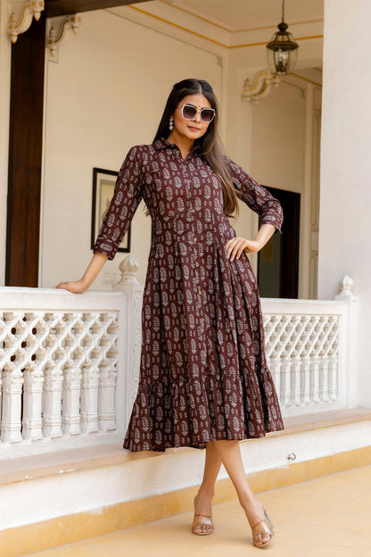Women Brown Ethnic Printed Flared Dress | LASVINI - Redefining Indian Fashion with Elegance
