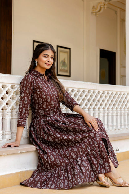 Women Brown Ethnic Printed Flared Dress | LASVINI - Redefining Indian Fashion with Elegance