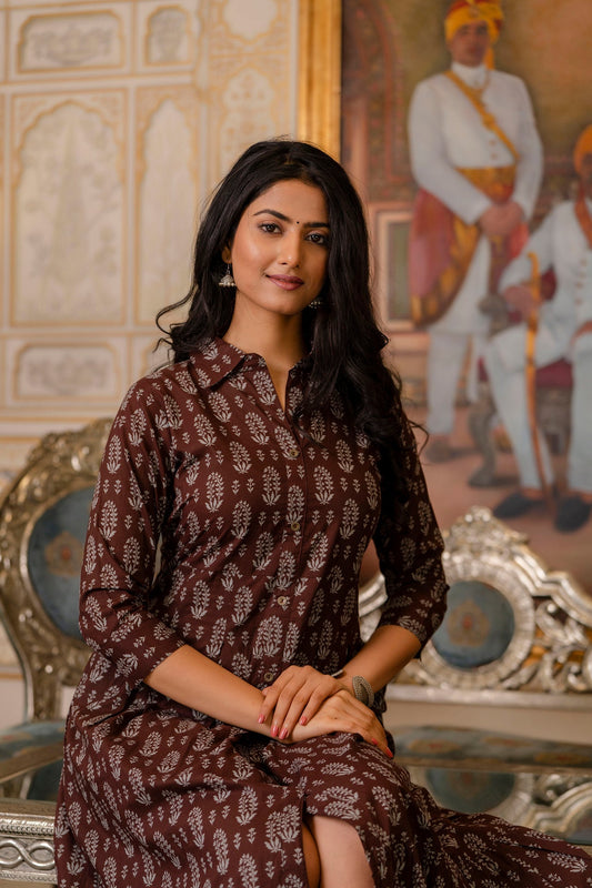 Women Brown Ethnic Printed Flared Dress | LASVINI - Redefining Indian Fashion with Elegance