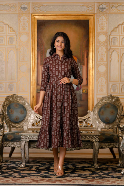 Women Brown Ethnic Printed Flared Dress | LASVINI - Redefining Indian Fashion with Elegance