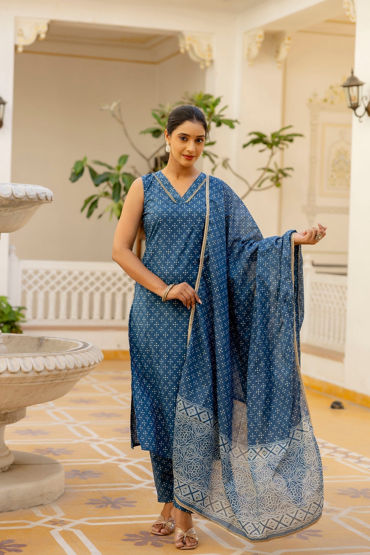 Women Blue Printed Straight Kurta With Trouser And Dupatta | LASVINI - Redefining Indian Fashion with Elegance