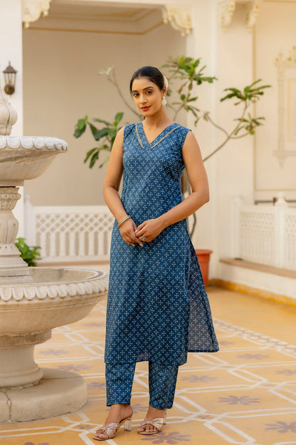 Women Blue Printed Straight Kurta With Trouser And Dupatta | LASVINI - Redefining Indian Fashion with Elegance