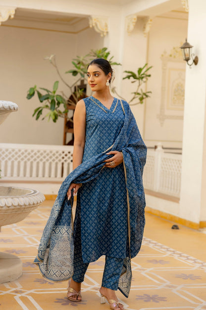 Women Blue Printed Straight Kurta With Trouser And Dupatta | LASVINI - Redefining Indian Fashion with Elegance