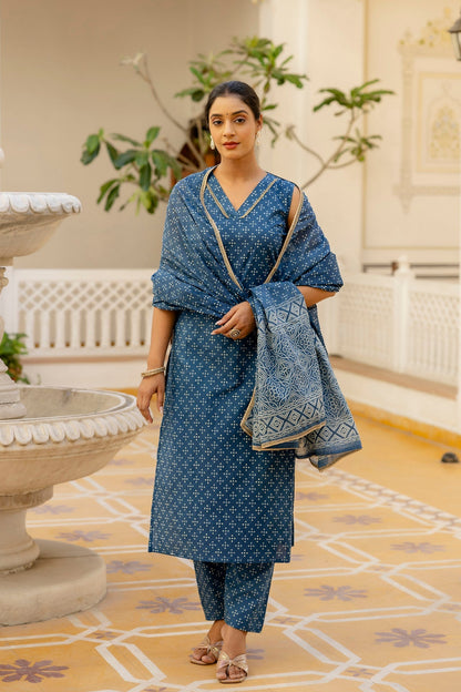Women Blue Printed Straight Kurta With Trouser And Dupatta | LASVINI - Redefining Indian Fashion with Elegance