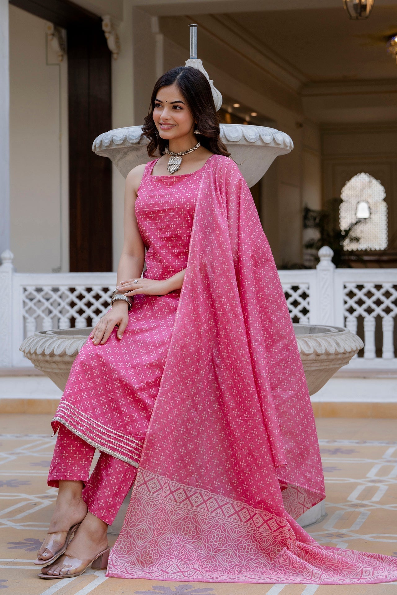Women Pink Printed Straight Kurta With Trouser And Dupatta | LASVINI - Redefining Indian Fashion with Elegance