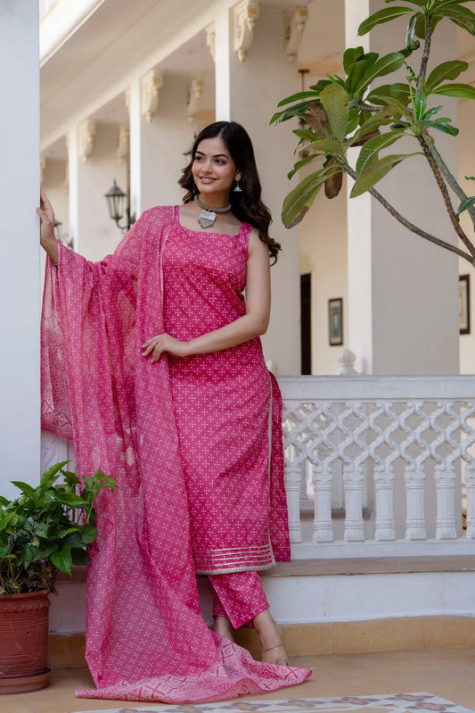 Women Pink Printed Straight Kurta With Trouser And Dupatta | LASVINI - Redefining Indian Fashion with Elegance