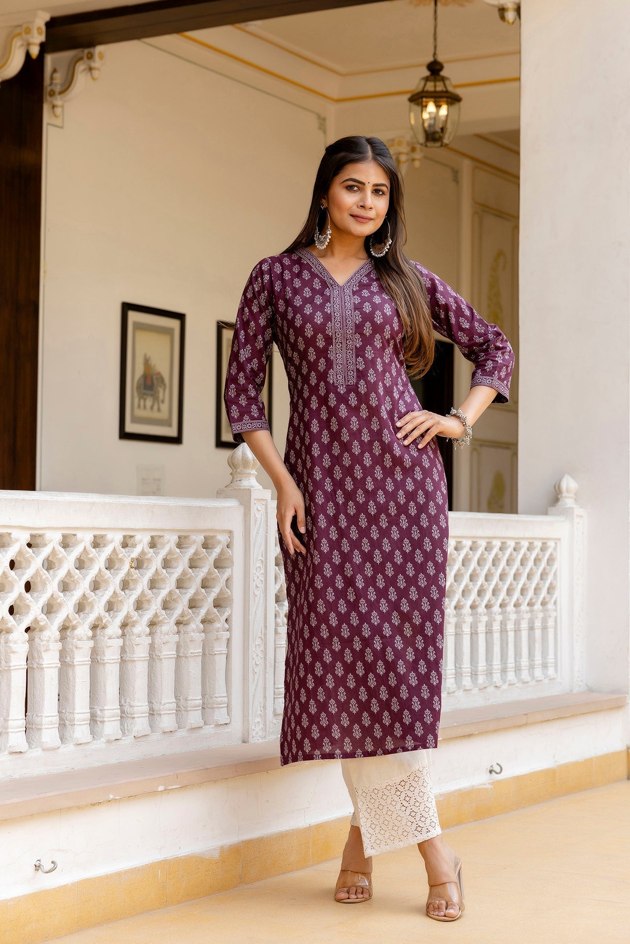 Women Burgundy Printed Straight Kurta With Three Quarter Sleeves | LASVINI - Redefining Indian Fashion with Elegance