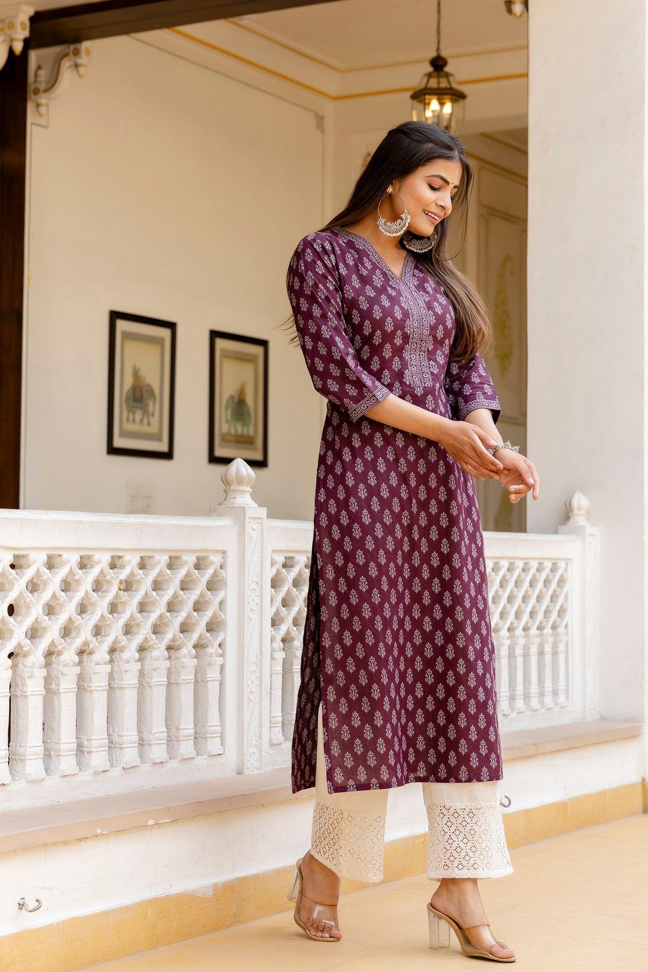 Women Burgundy Printed Straight Kurta With Three Quarter Sleeves | LASVINI - Redefining Indian Fashion with Elegance