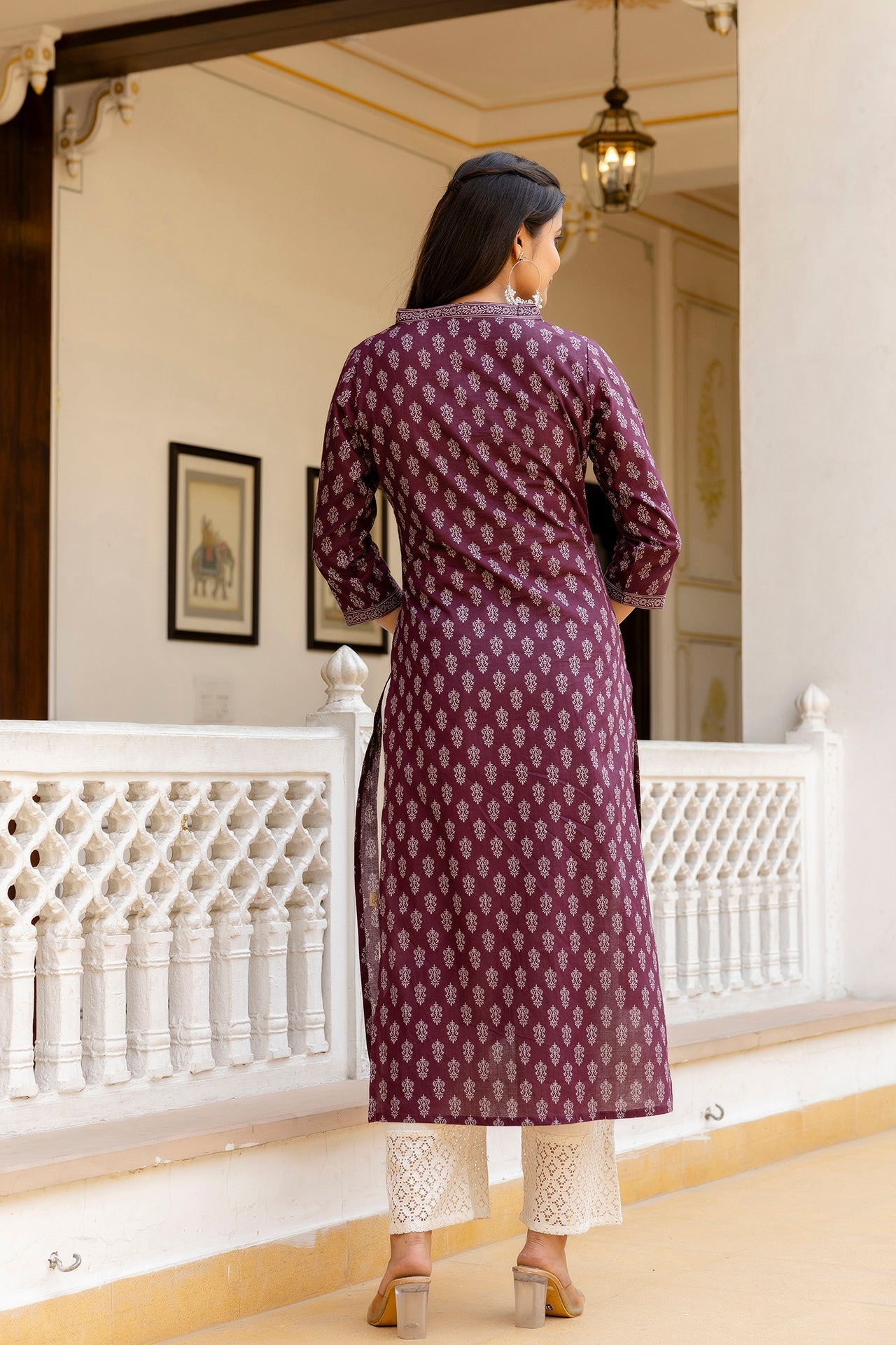 Women Burgundy Printed Straight Kurta With Three Quarter Sleeves | LASVINI - Redefining Indian Fashion with Elegance