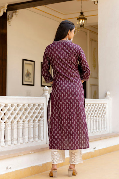 Women Burgundy Printed Straight Kurta With Three Quarter Sleeves | LASVINI - Redefining Indian Fashion with Elegance