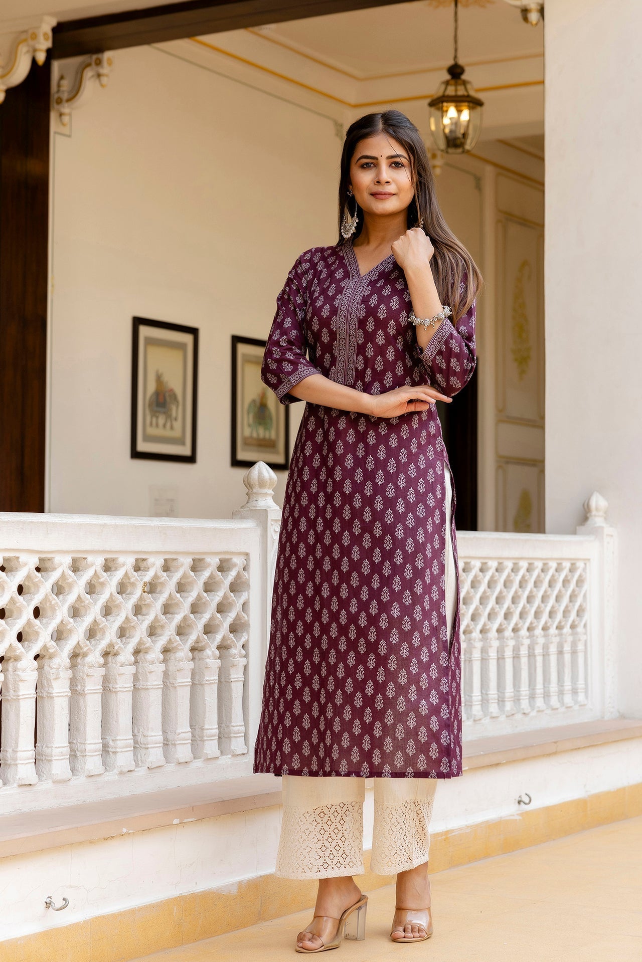 Women Burgundy Printed Straight Kurta With Three Quarter Sleeves | LASVINI - Redefining Indian Fashion with Elegance