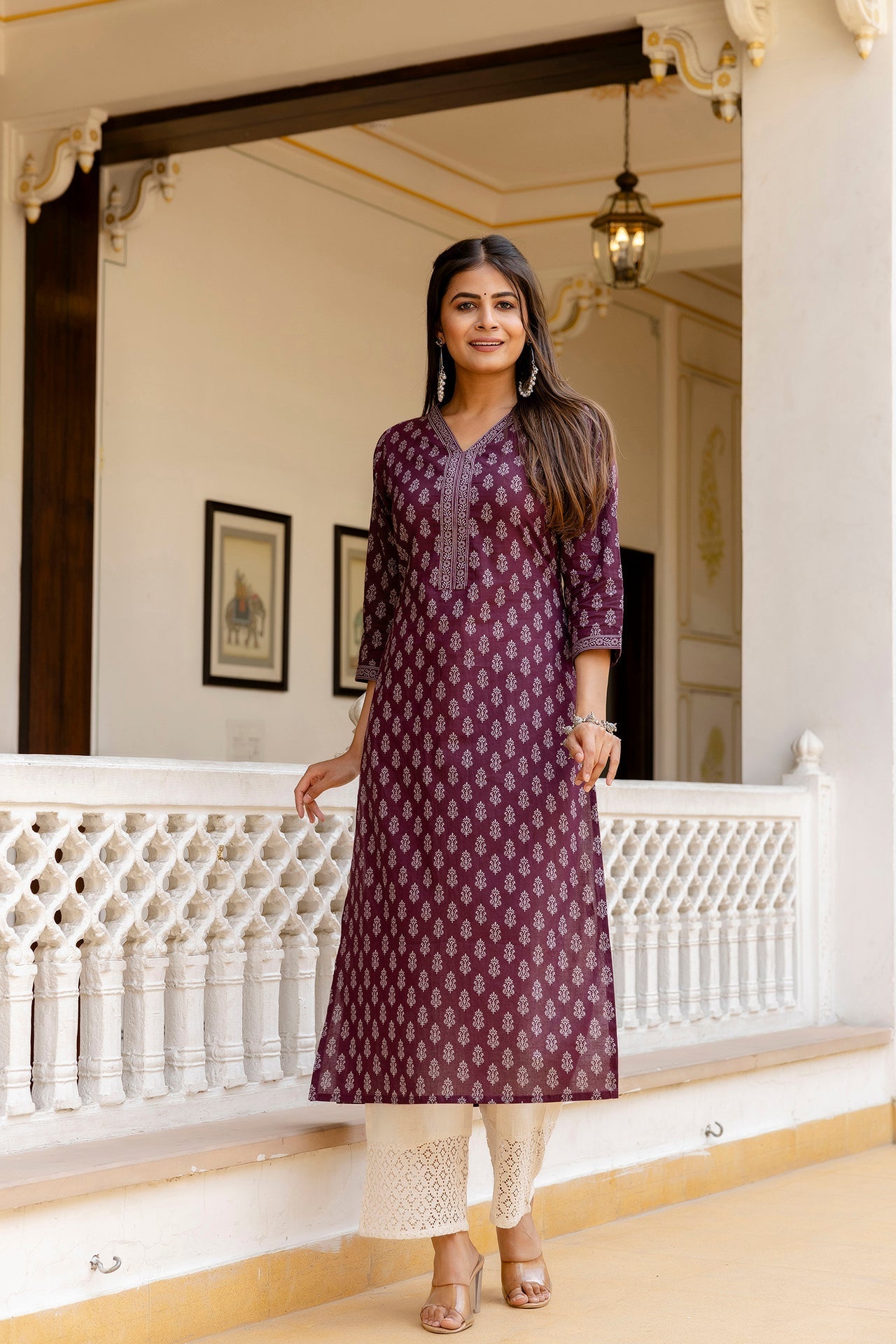 Women Burgundy Printed Straight Kurta With Three Quarter Sleeves | LASVINI - Redefining Indian Fashion with Elegance