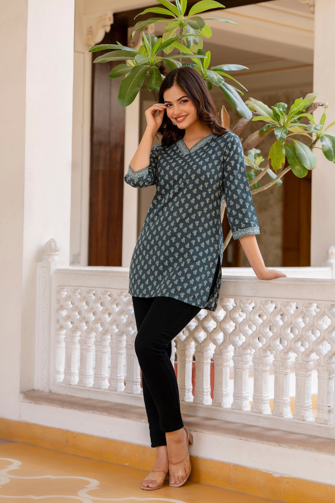 Women Green Straight V- Neck Tunic | LASVINI - Redefining Indian Fashion with Elegance