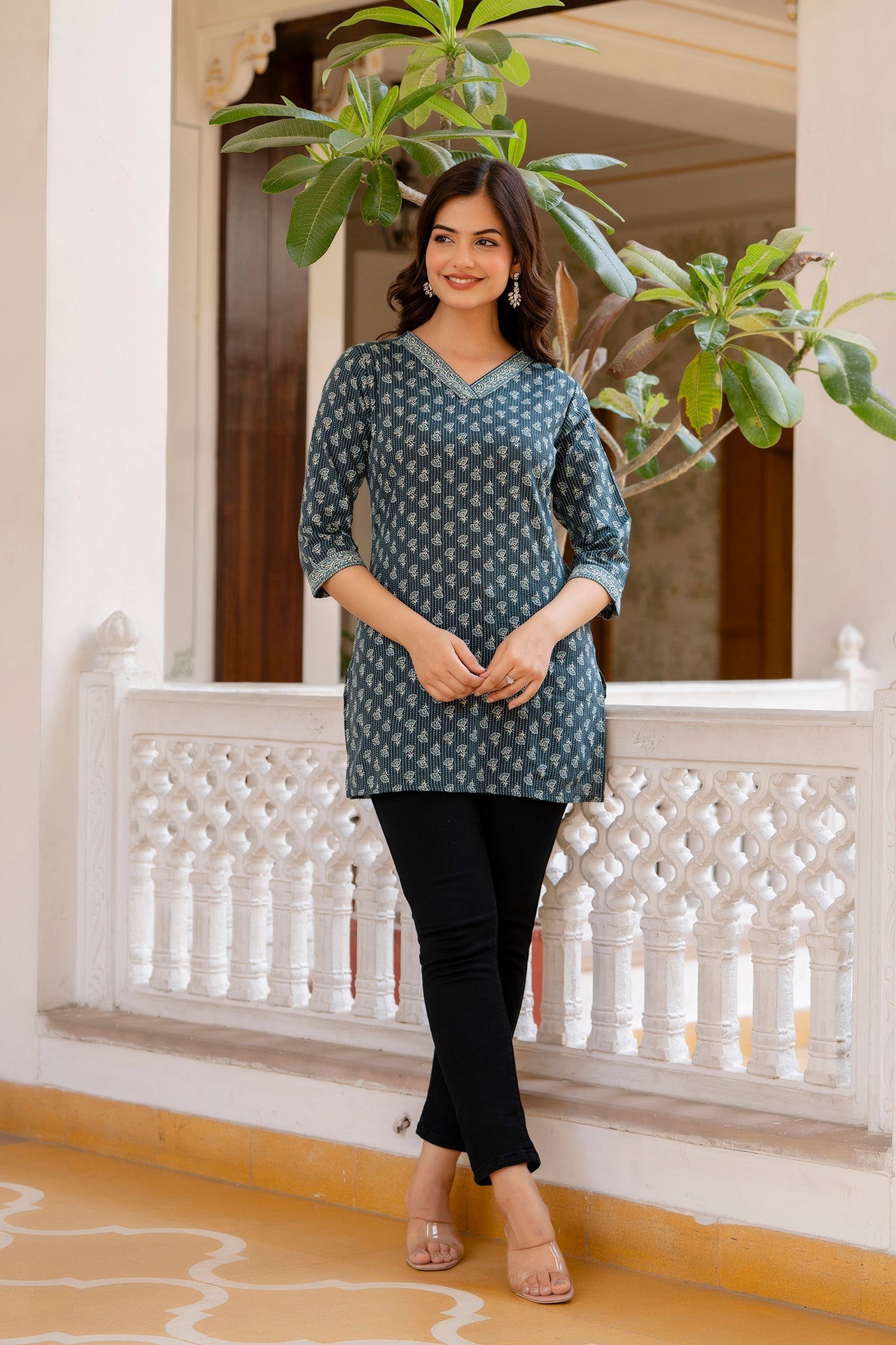 Women Green Straight V- Neck Tunic | LASVINI - Redefining Indian Fashion with Elegance