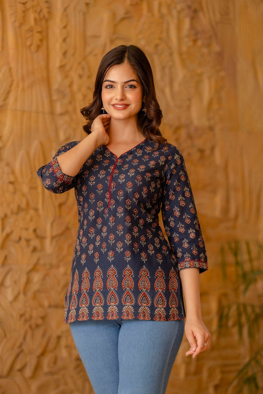 Women Blue Tunic With Three Quarter Sleeves | LASVINI - Redefining Indian Fashion with Elegance