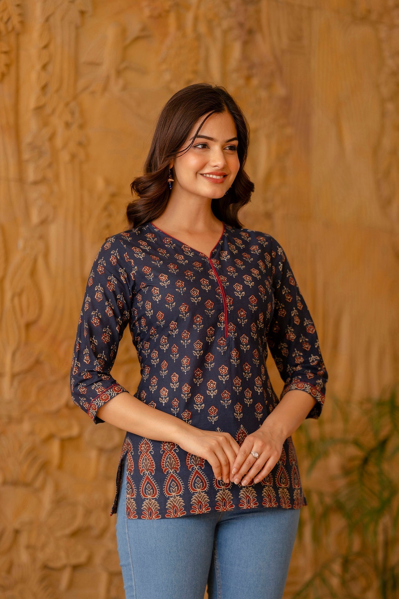 Women Blue Tunic With Three Quarter Sleeves | LASVINI - Redefining Indian Fashion with Elegance