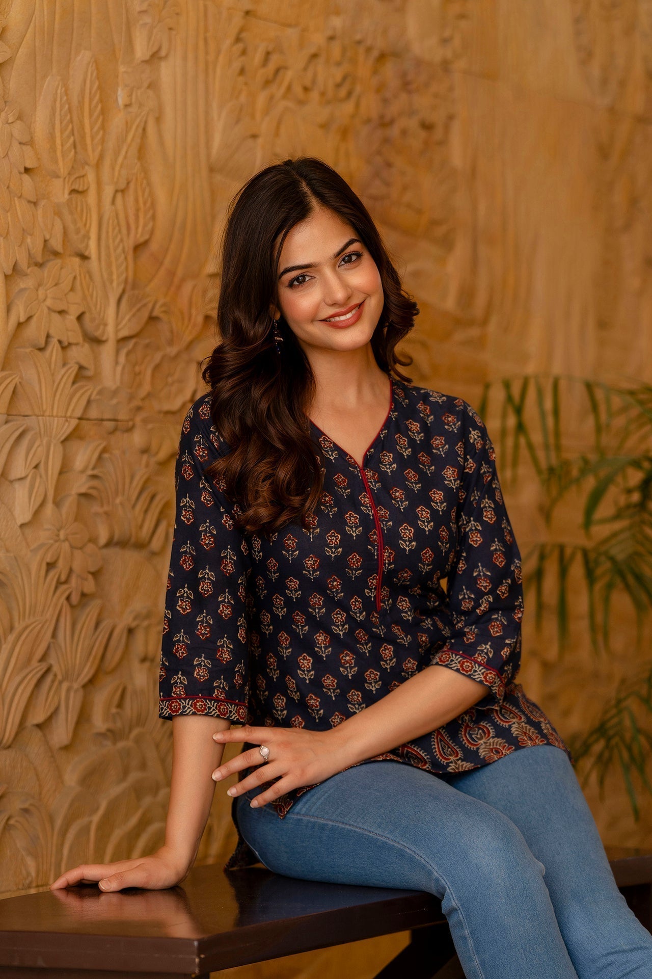 Women Blue Tunic With Three Quarter Sleeves | LASVINI - Redefining Indian Fashion with Elegance