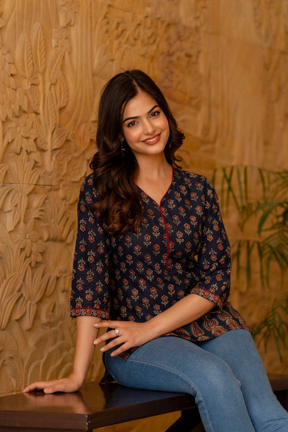 Women Blue Tunic With Three Quarter Sleeves | LASVINI - Redefining Indian Fashion with Elegance