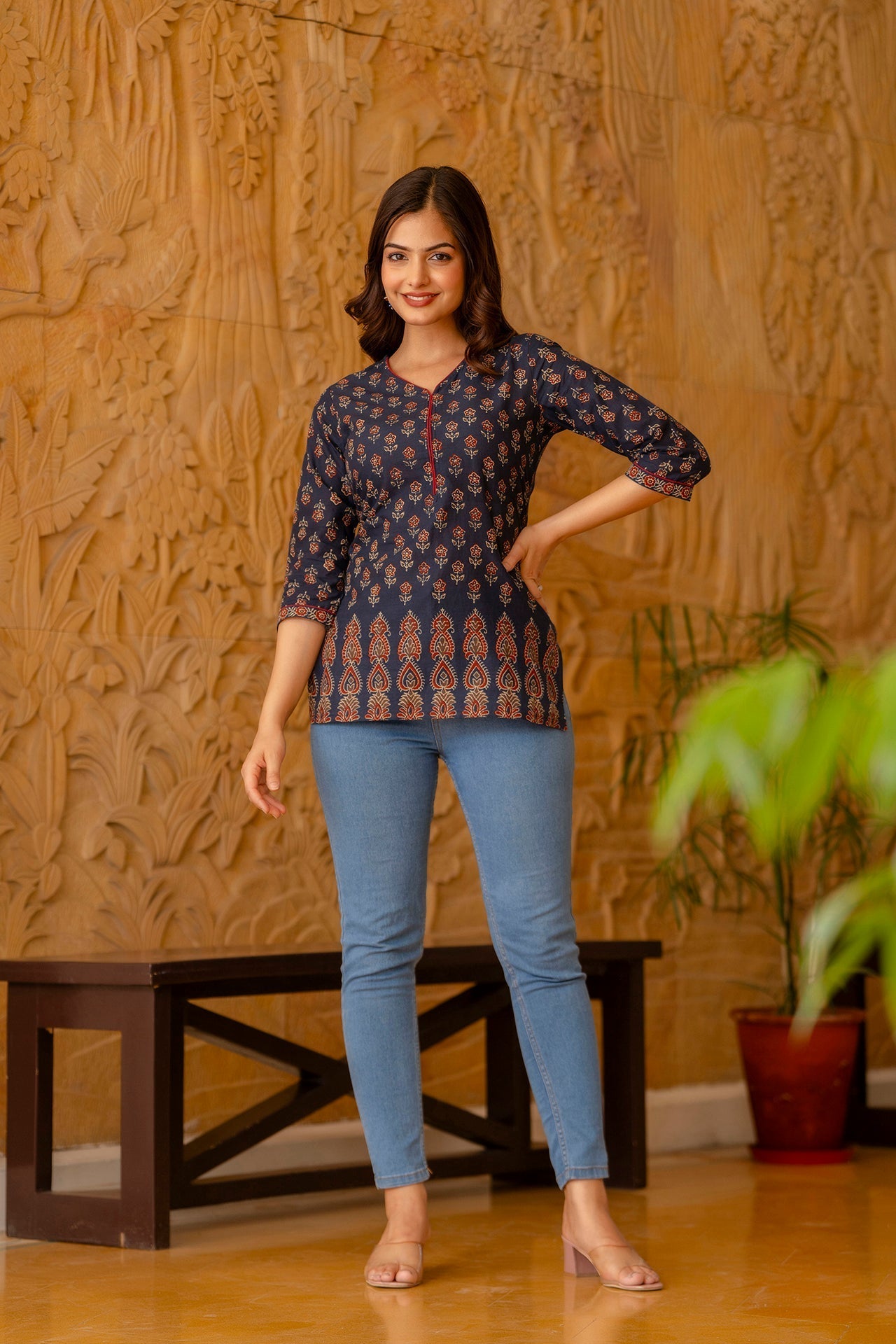Women Blue Tunic With Three Quarter Sleeves | LASVINI - Redefining Indian Fashion with Elegance