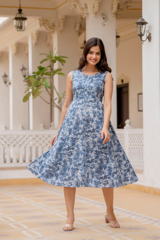 Women Blue Printed Flared Dress | LASVINI - Redefining Indian Fashion with Elegance