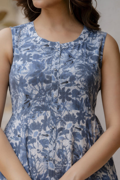 Women Blue Printed Flared Dress | LASVINI - Redefining Indian Fashion with Elegance