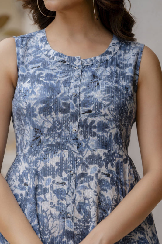 Women Blue Printed Flared Dress | LASVINI - Redefining Indian Fashion with Elegance