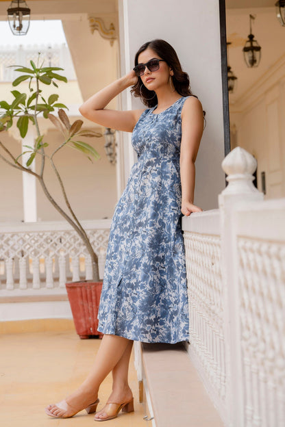 Women Blue Printed Flared Dress | LASVINI - Redefining Indian Fashion with Elegance
