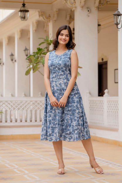 Women Blue Printed Flared Dress | LASVINI - Redefining Indian Fashion with Elegance