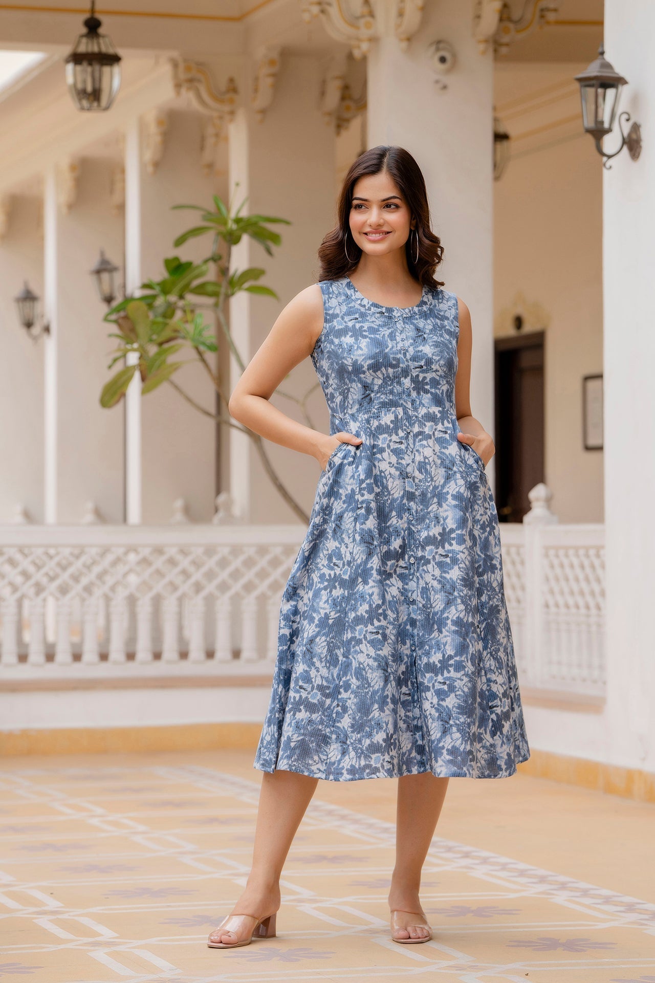 Women Blue Printed Flared Dress | LASVINI - Redefining Indian Fashion with Elegance