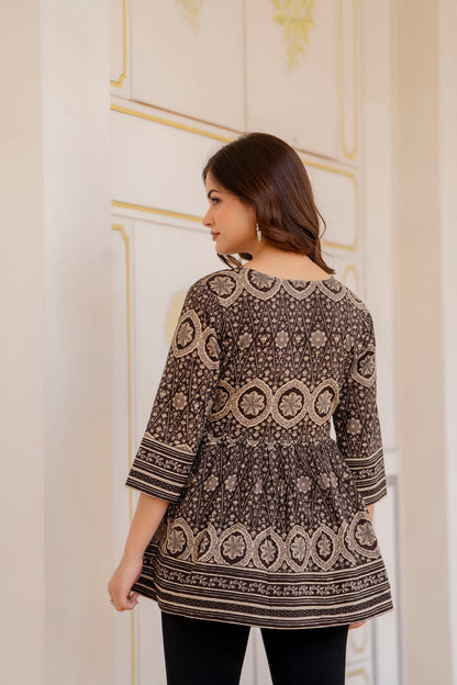 Women Brown Printed Peplum Tunic | LASVINI - Redefining Indian Fashion with Elegance