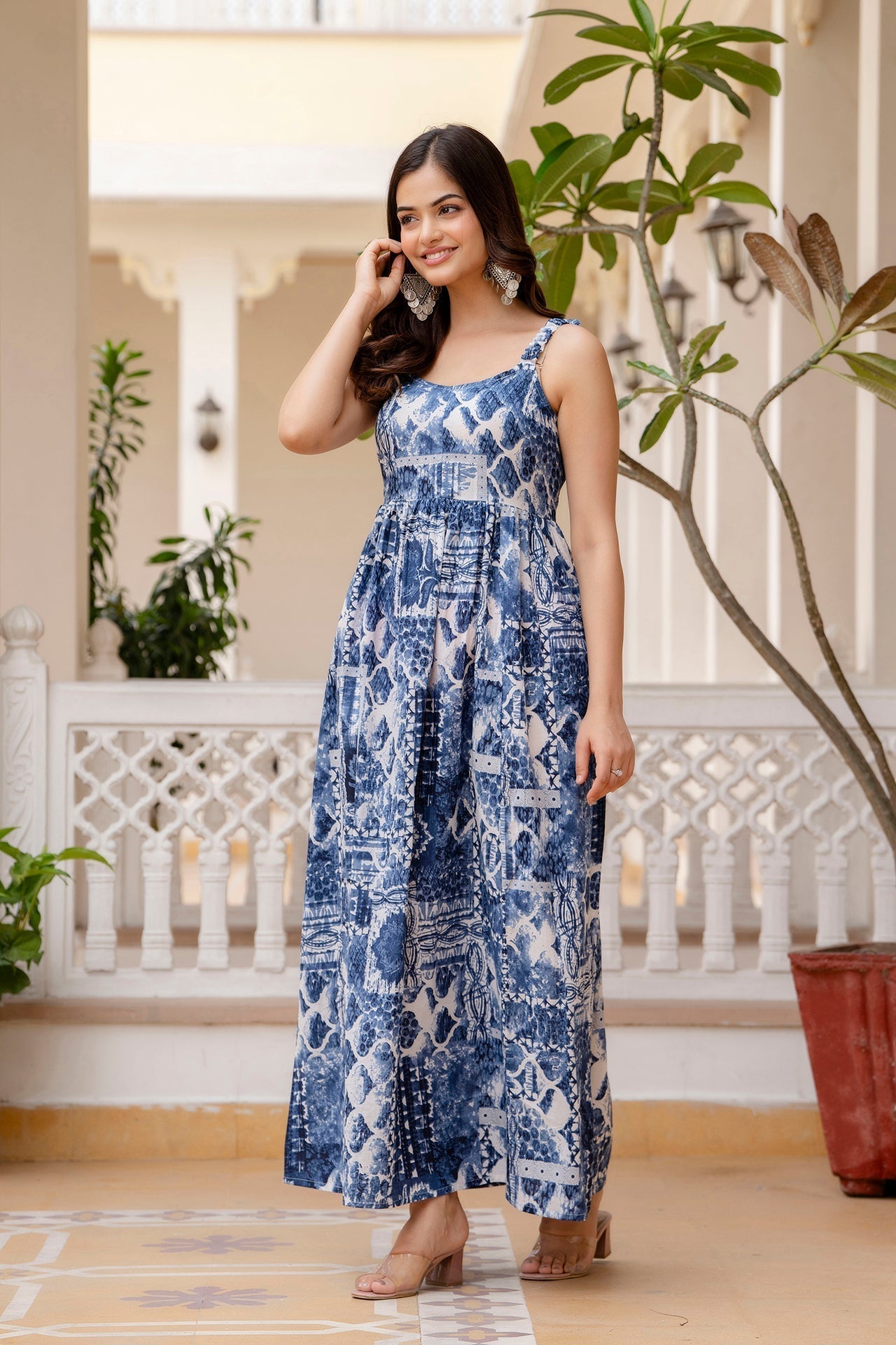 Women Blue Printed Flared Dress | LASVINI - Redefining Indian Fashion with Elegance